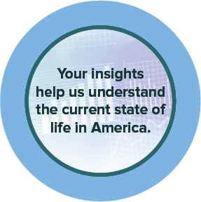 circle with blue border that says: your insghts help us understand the current state of life in America.