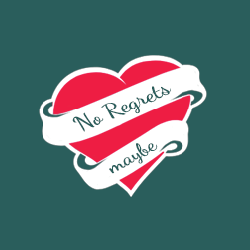 tattoo regrets icon: dark blue-green square with red heart that says: no regrets, maybe