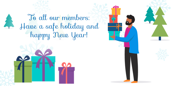 man holding presents. To all our members: Have a safe holiday and happy New Year!